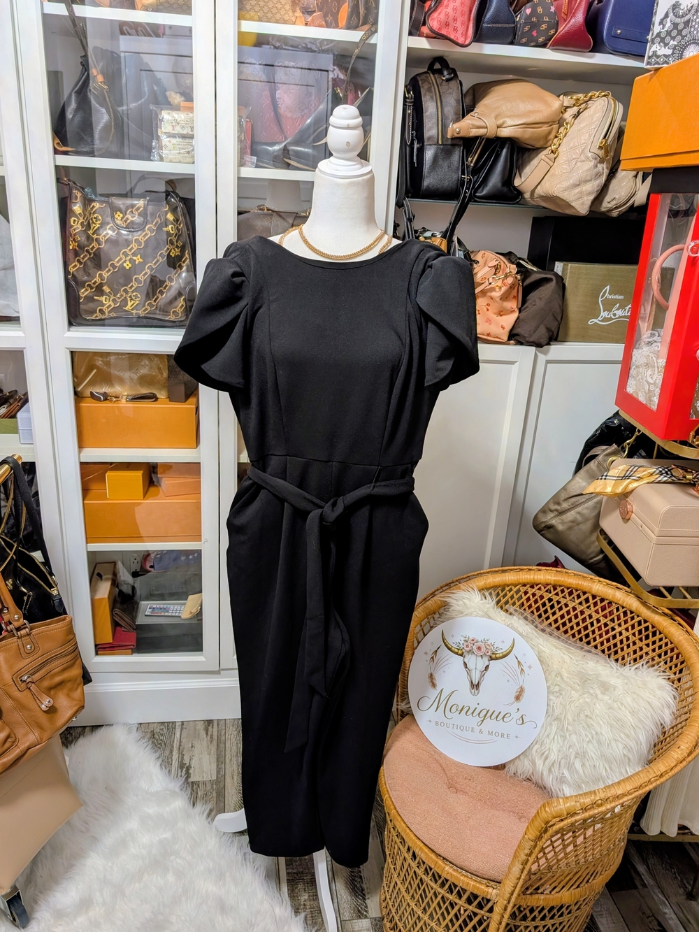 Calvin Klein Black Puff-Sleeve Midi Jumpsuit with Waist Tie